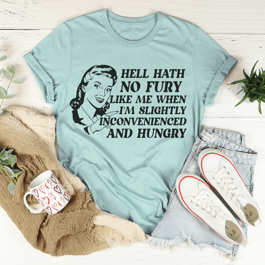 Heather prism dusty blue graphic T-shirt with front slogan print and woman portrait