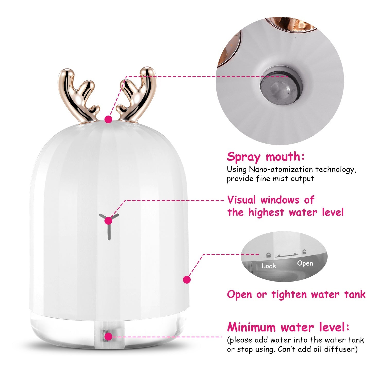 White cool mist humidifier with rose-gold antler top and water tank window
