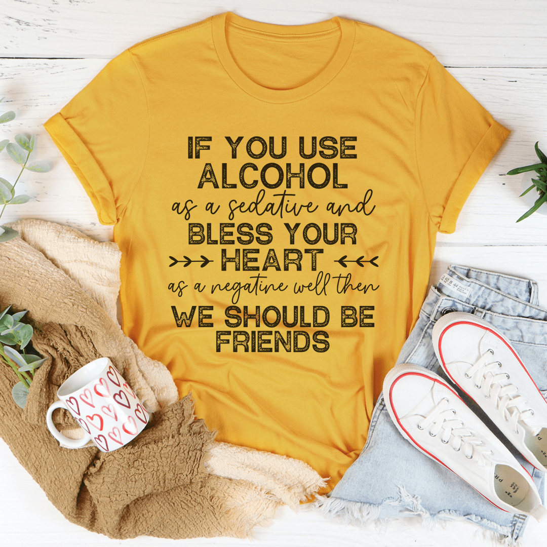 Mustard/yellow T-shirt with centered white slogan graphic, crew neck short sleeves