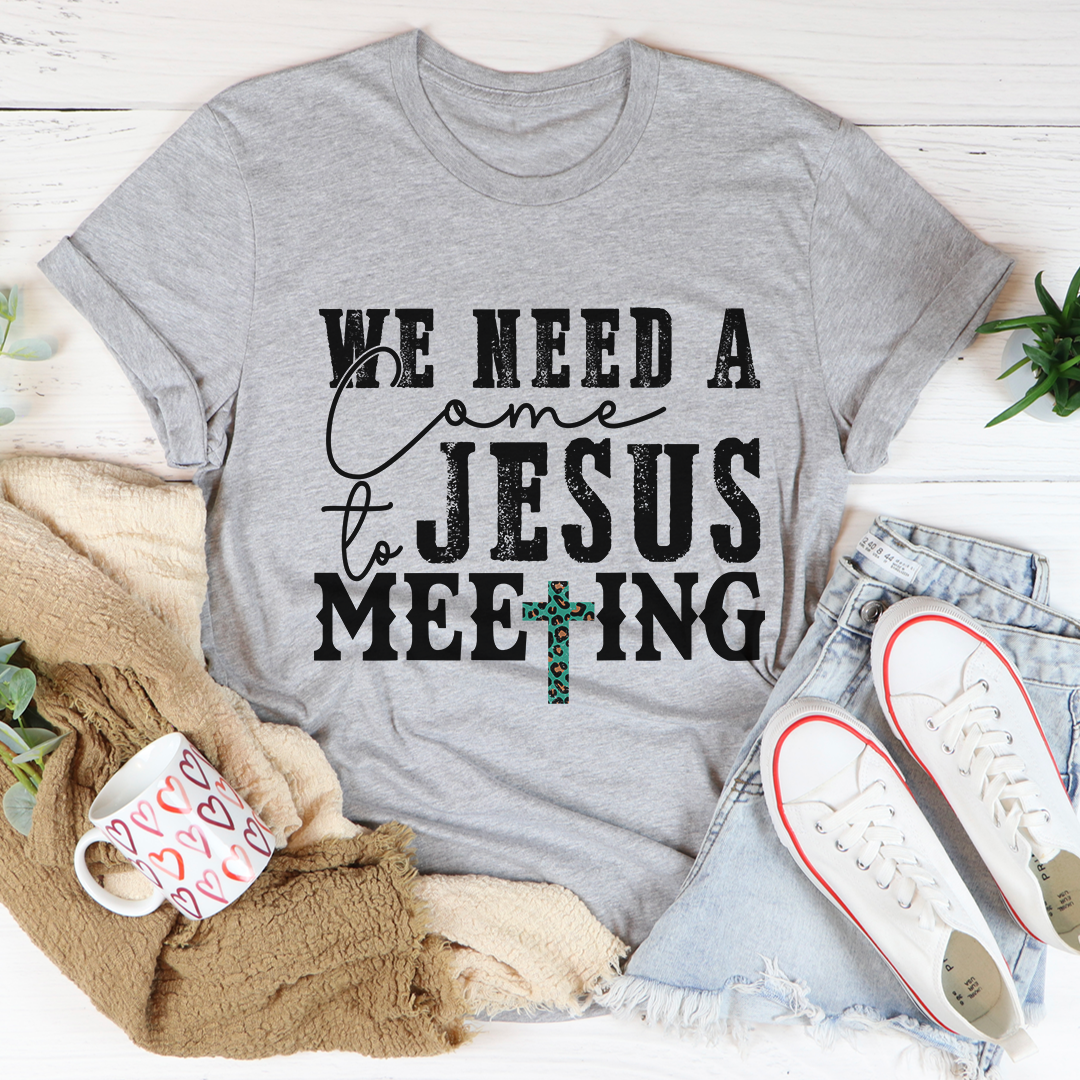 Heather gray crewneck T-shirt with black 'Jesus meeting' text and teal cross detail