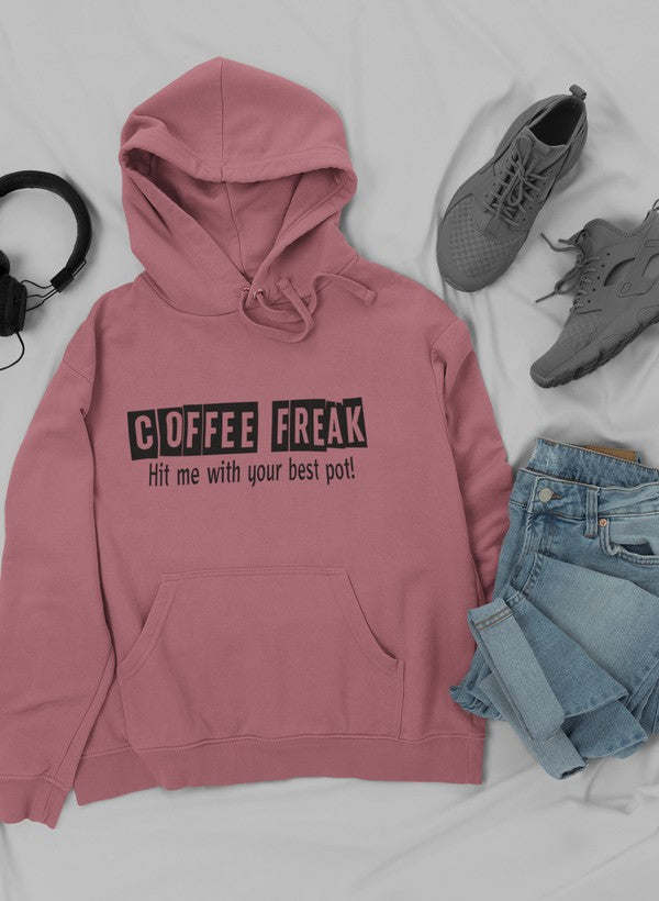 Mauve hoodie with drawstring hood, kangaroo pocket, and 'COFFEE FREAK' front graphic.
