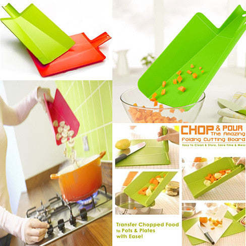 Chop-and-pour cutting board set with green board transferring diced food from a pan