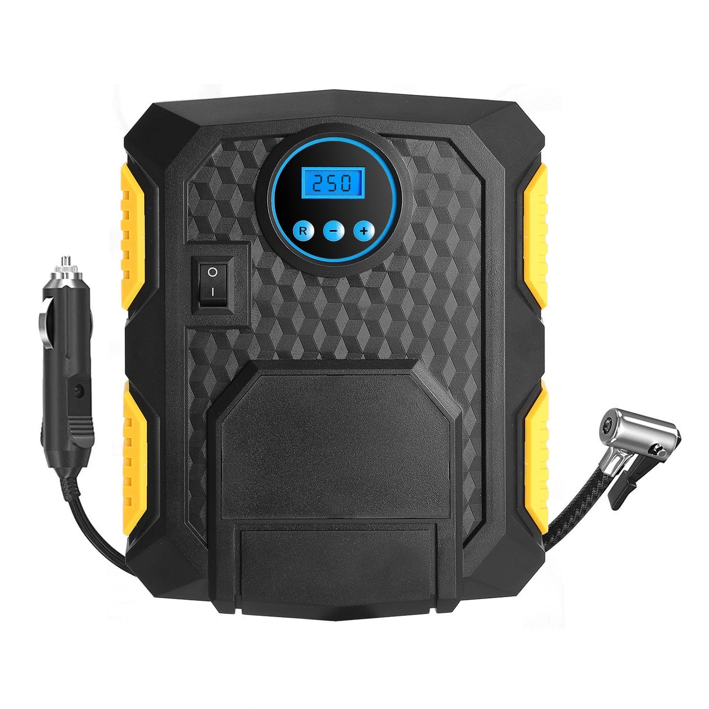 12V tire inflator compressor front view with LCD display and hose adapters