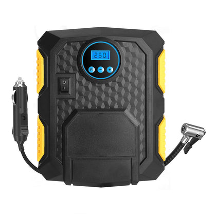 12V tire inflator compressor front view with LCD display and hose adapters