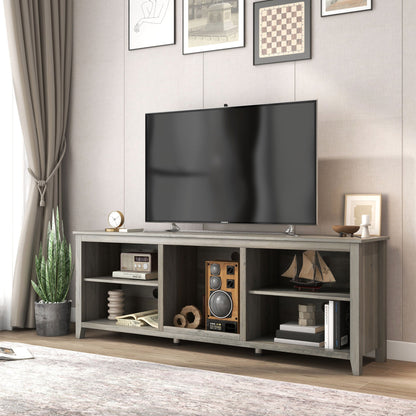 Black TV stand storage console with open shelves and center cubby for electronics and media.