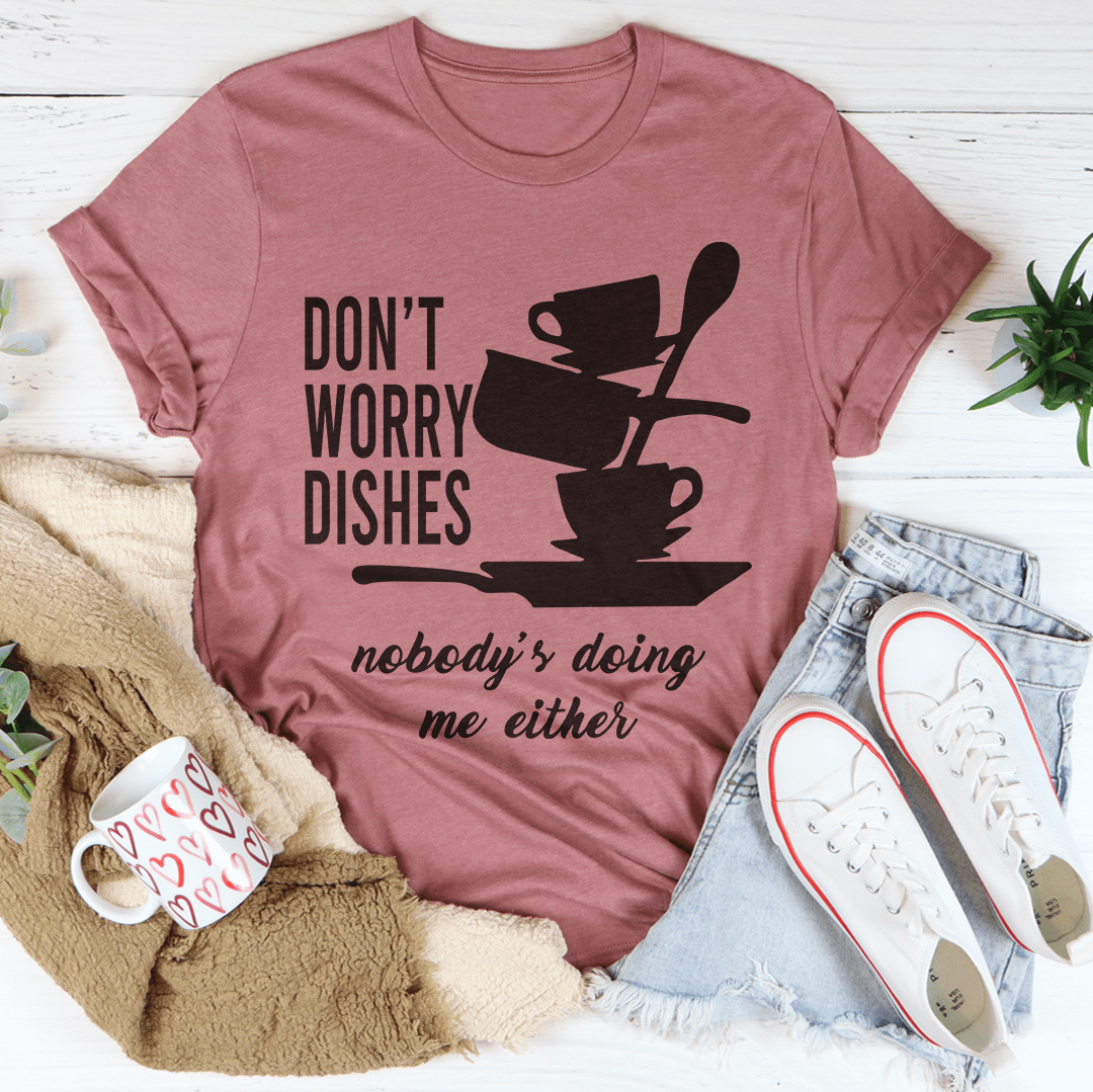 Pink short-sleeve T-shirt with black dish-stack graphic and cursive text, crew neck.