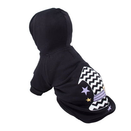 Dark hooded pet sweater costume with zigzag hat graphic and star patches on sleeves