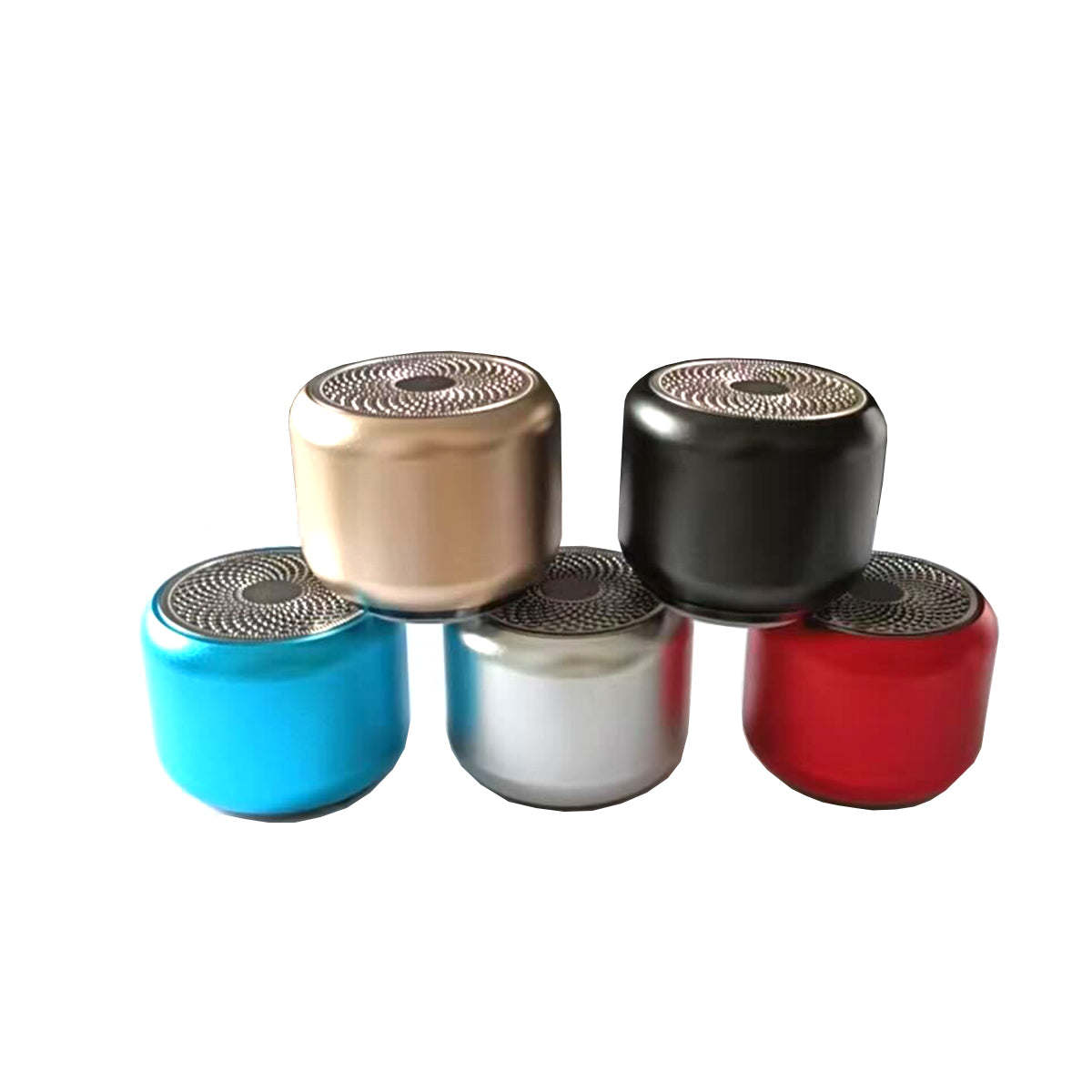 Pocket Bluetooth speaker set with round bodies in gold, black, turquoise, silver, and red