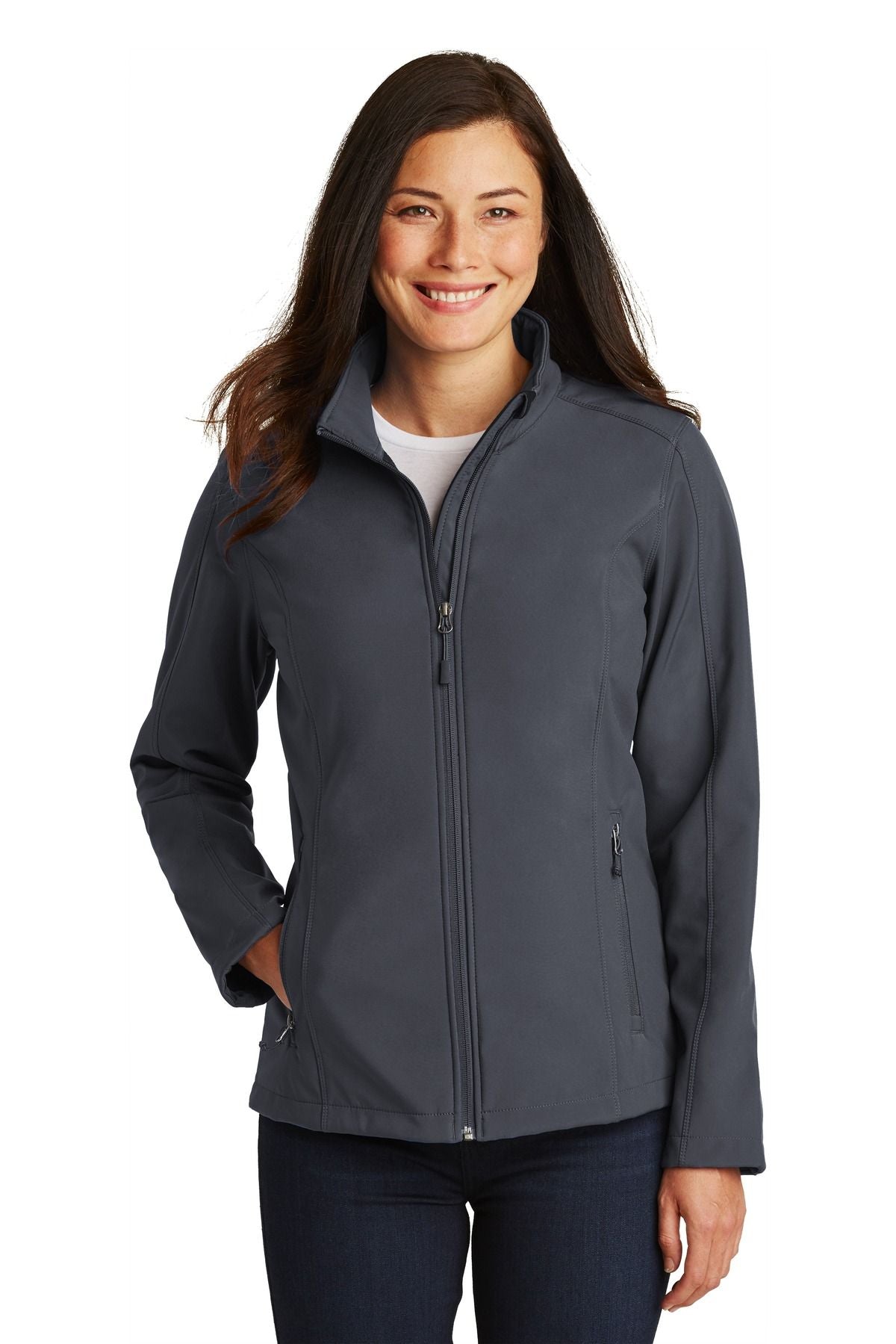 Ladies soft shell jacket in dark charcoal grey, full-zip with stand collar