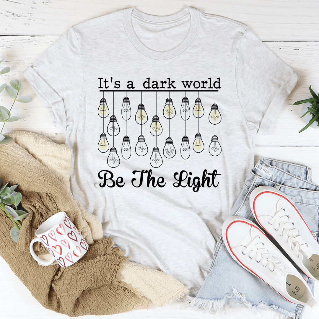 Ash heather crew-neck graphic t-shirt with bulbs and 'Be The Light' lettering.
