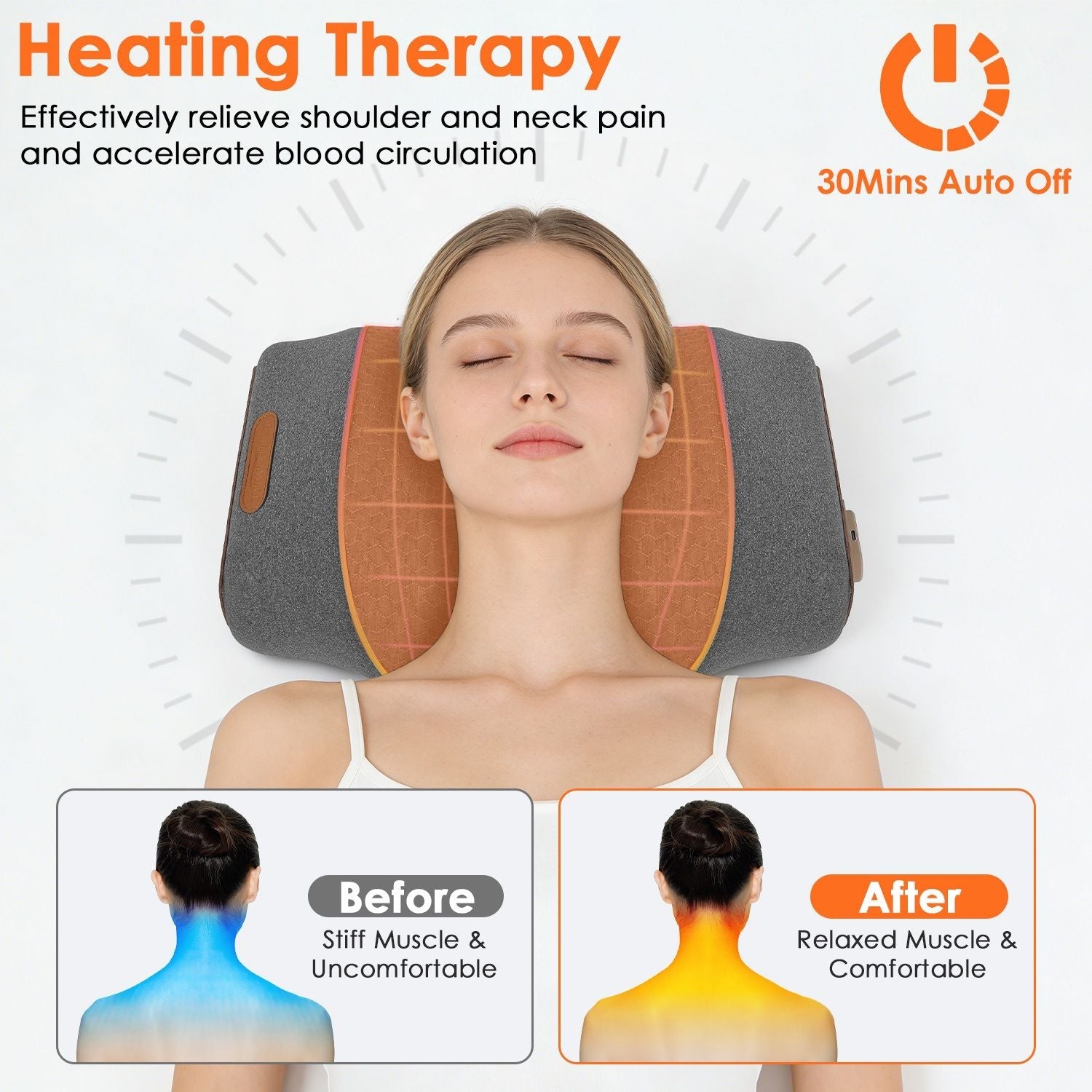 3-in-1 neck massager pillow in dark grey with orange heating zone on upper back