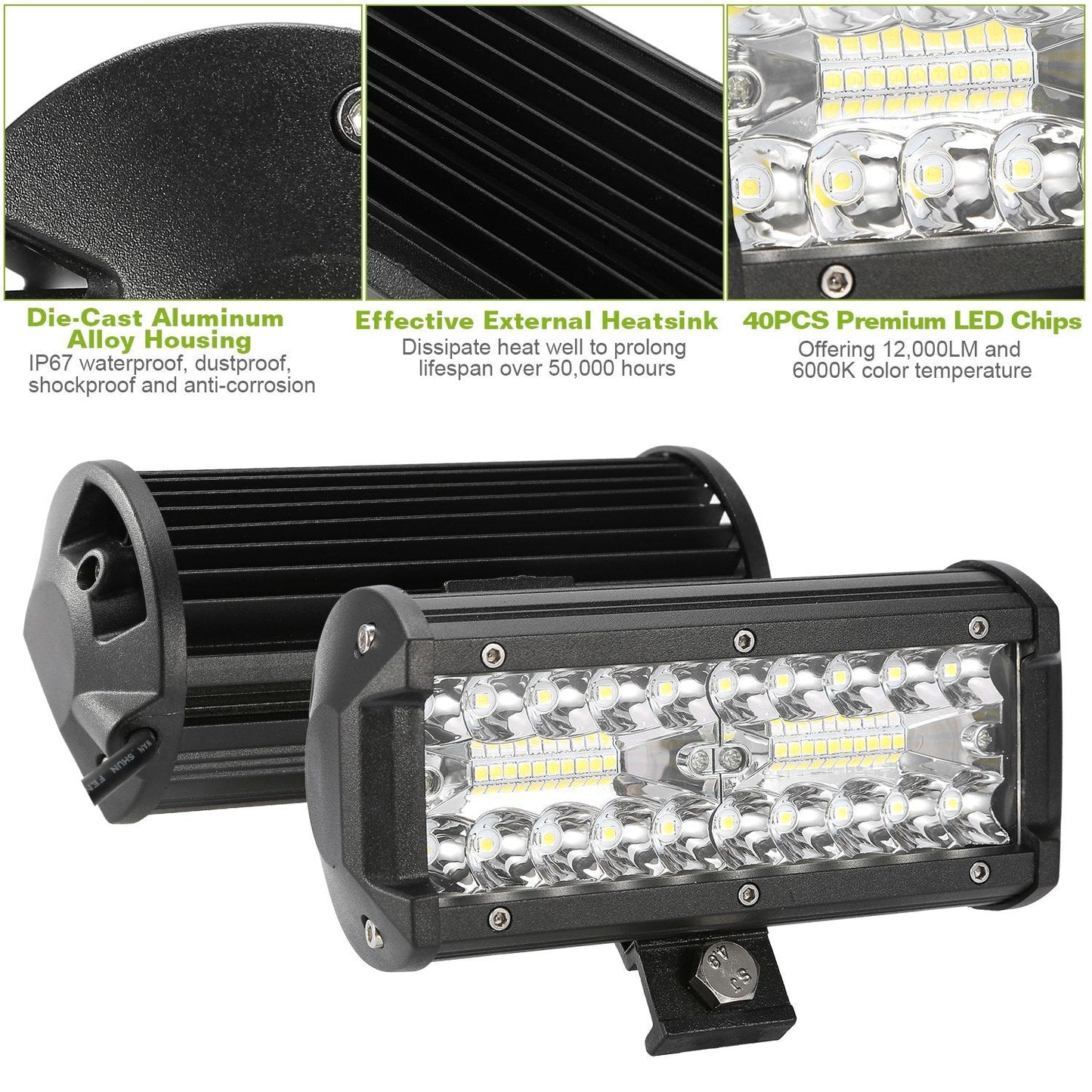 Black LED light bar work light with heatsink rear fins and front LED lens panel