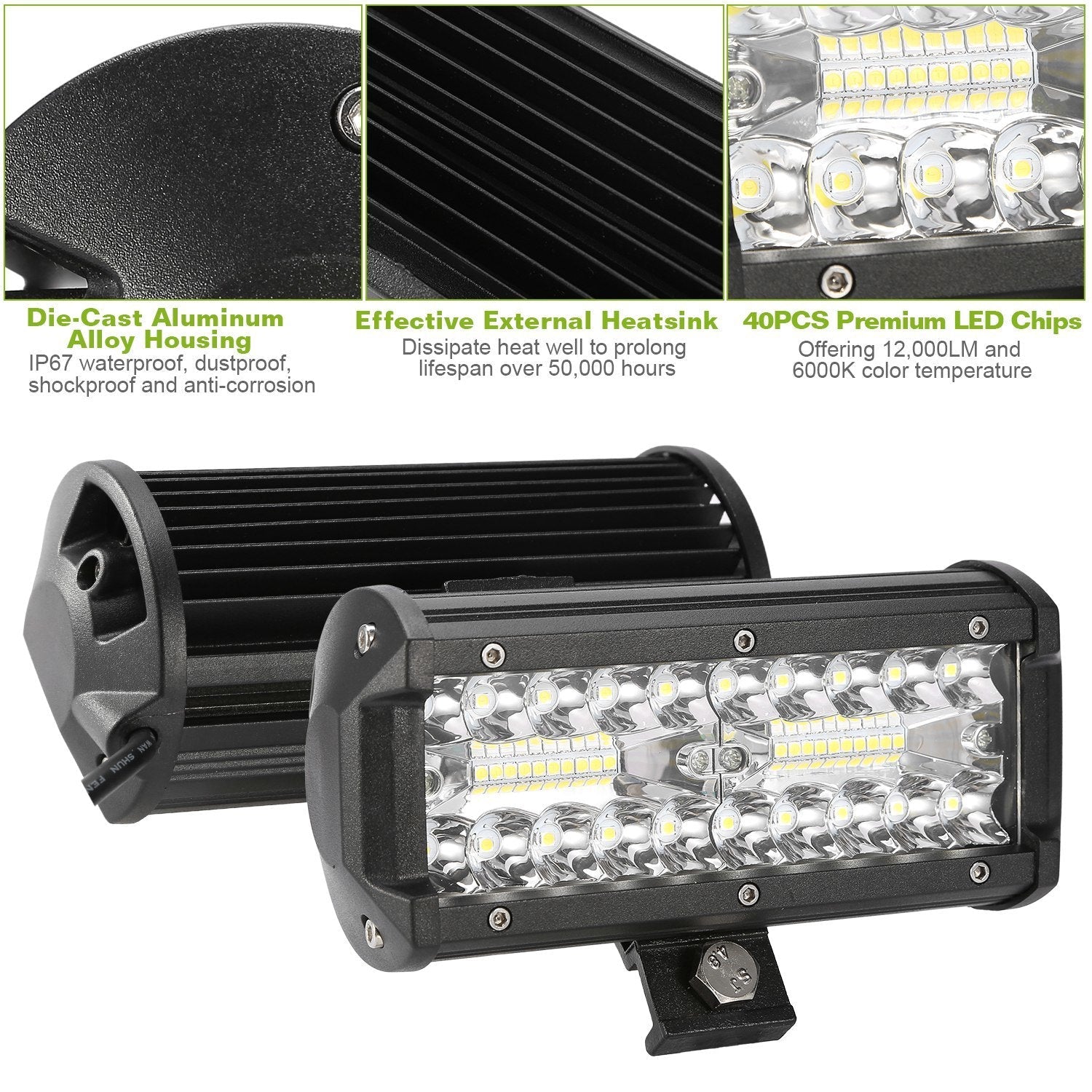 Black LED light bar work light with heatsink rear fins and front LED lens panel