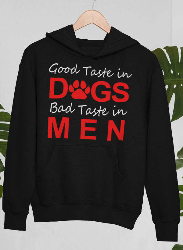 Black pullover hoodie with hood and front paw logo and graphic text