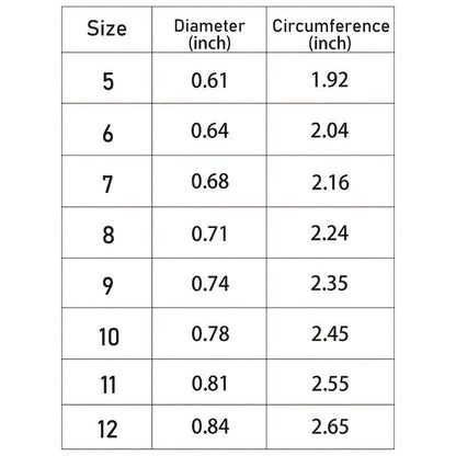 Ring size chart showing sizes 5–12 with diameters and circumferences in inches