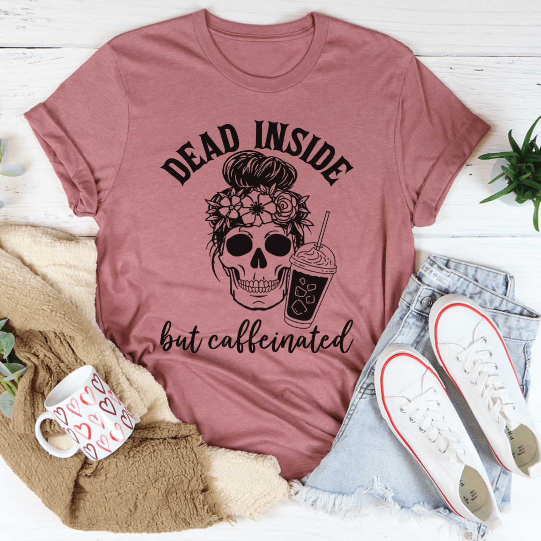 Mauve crewneck t-shirt with skull graphic and 'but caffeinated' text