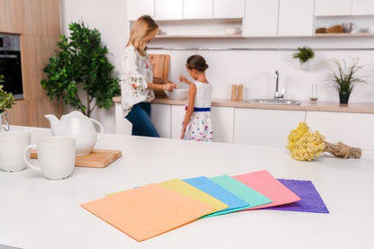 Multi-surface cleaning wipes set of 5 colorful cloths: peach, blue, pink, purple, green