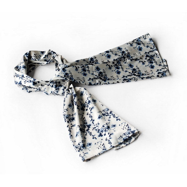 White and navy floral plum blossom scarf wrap with tied ends