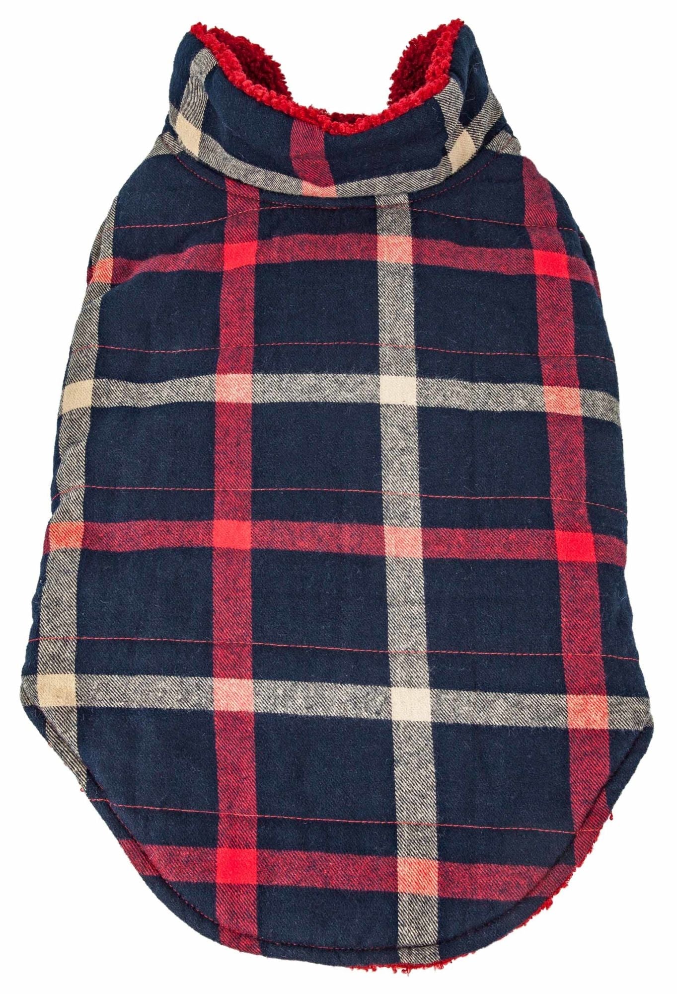 Plaid insulated dog coat with raised neck, red, navy, and cream check pattern