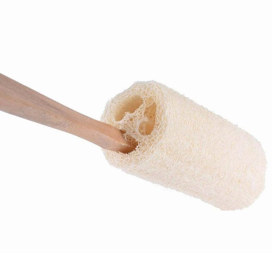 Loofah bath brush head with looped fibers on wooden handle