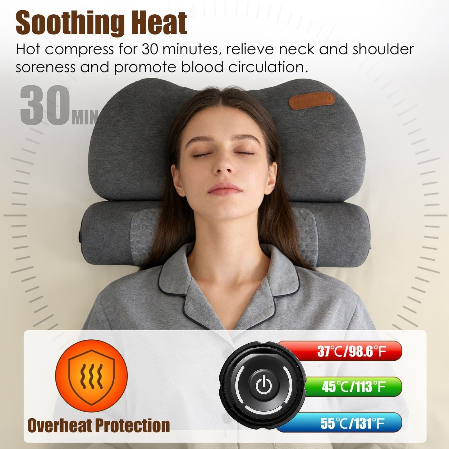 Dark grey heated neck pillow with orange tab, shown in use for warmth