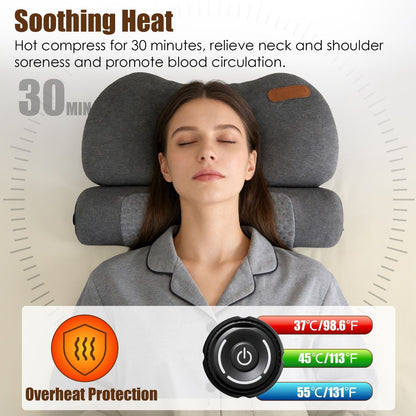 Dark grey heated neck pillow with orange tab, shown in use for warmth