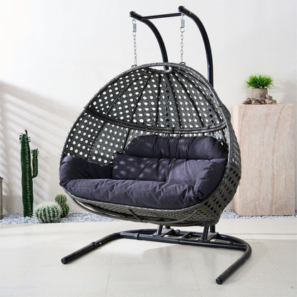 Double Wicker Swing Egg Chair,  All-Weather Rattan Hanging Hammock Chair for Home Bedroom Patio Balcony,Black&Grey