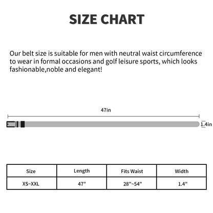 Nylon ratchet belt size chart with measured length and width