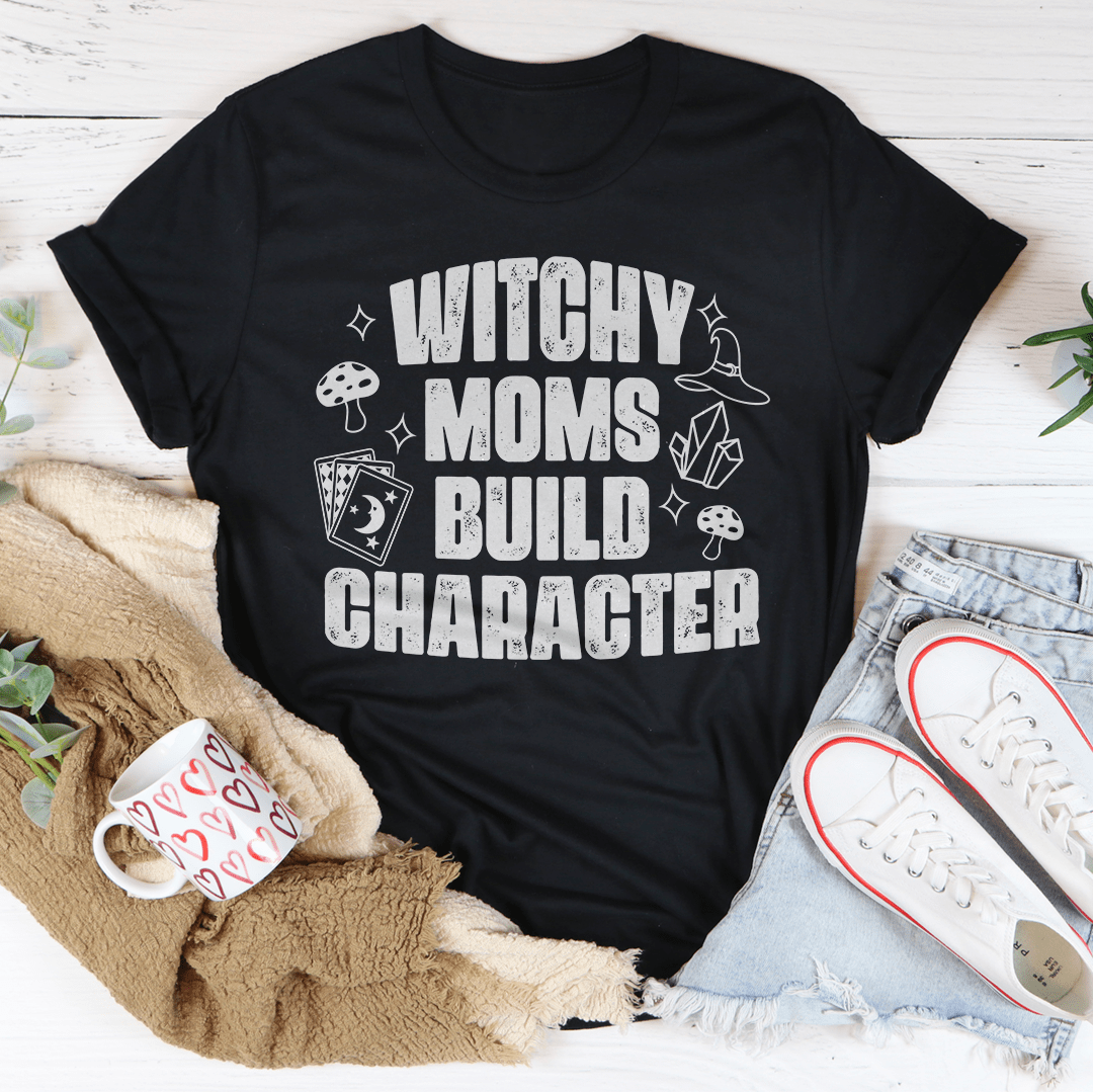 Black graphic T-shirt with witchy mom build character typography