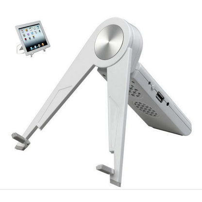 iPad easel stand with speaker, white folding legs and circular stand hub for device support