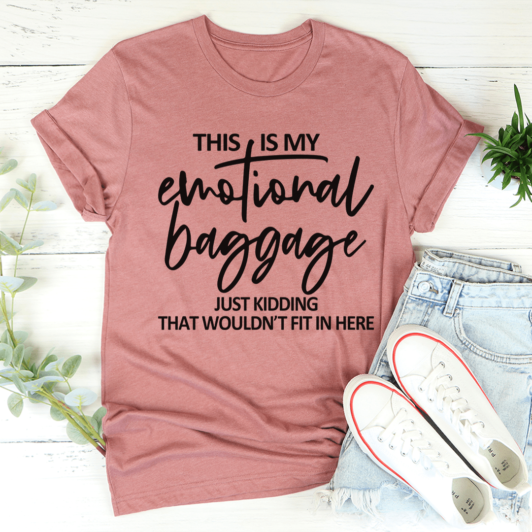 Mauve crewneck T-shirt with 'Emotional Baggage' slogan graphic on front