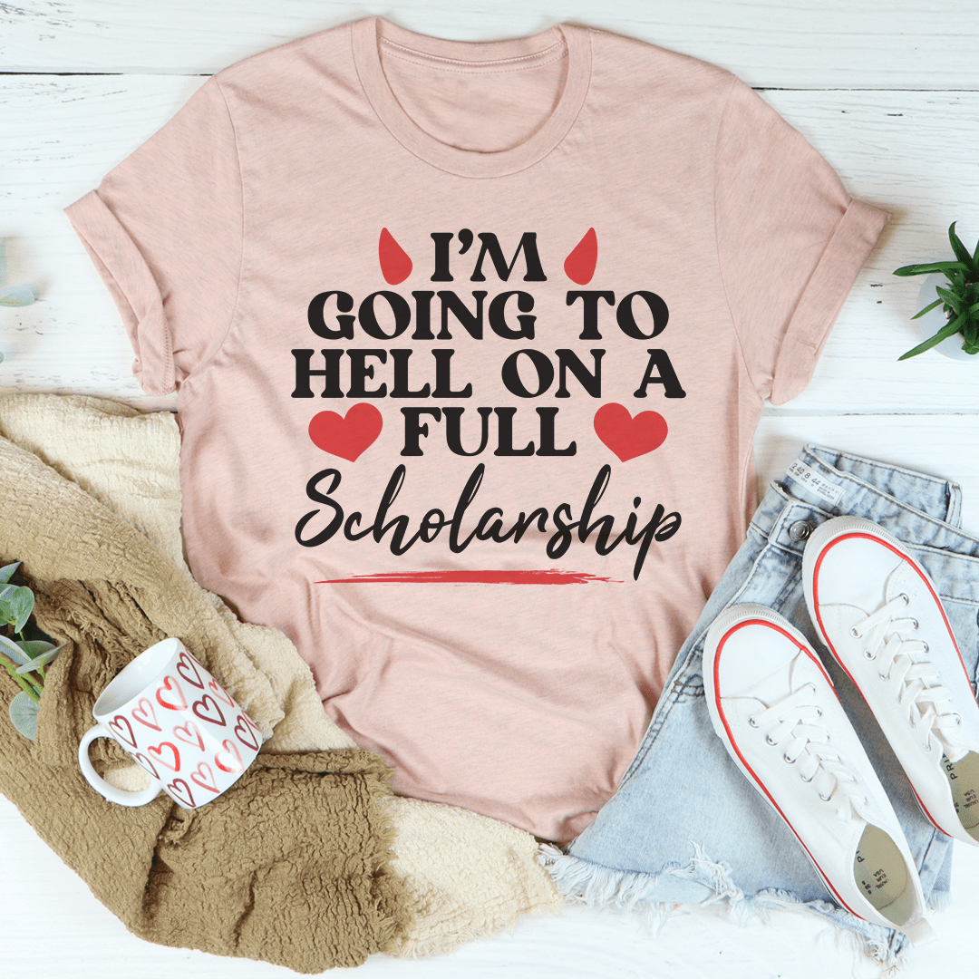 Peach T-shirt with red hearts and flames graphic reading 'Full Scholarship'