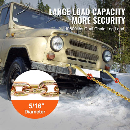 VEVOR G80 V Bridle Chain, 5/16" x 2' Towing Chain Bridle with 15" J Hooks and Grab Hooks, Heavy Duty Transport Tow Chain Bridle with 10800 lbs Safe Working Load for Flatbed Truck Wrecker Recovery