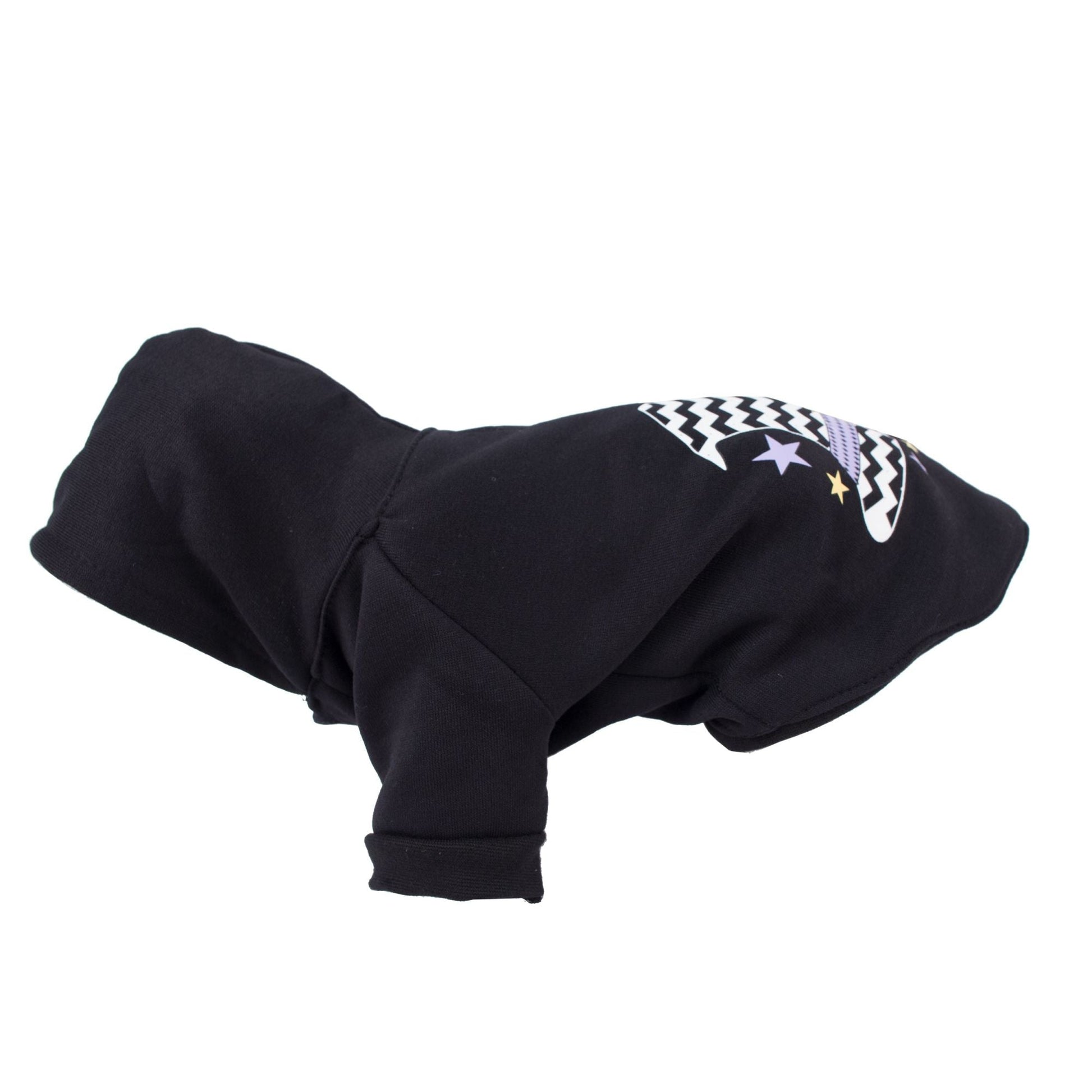 Dark hooded pet sweater costume with pointed hat shape and zigzag star patch