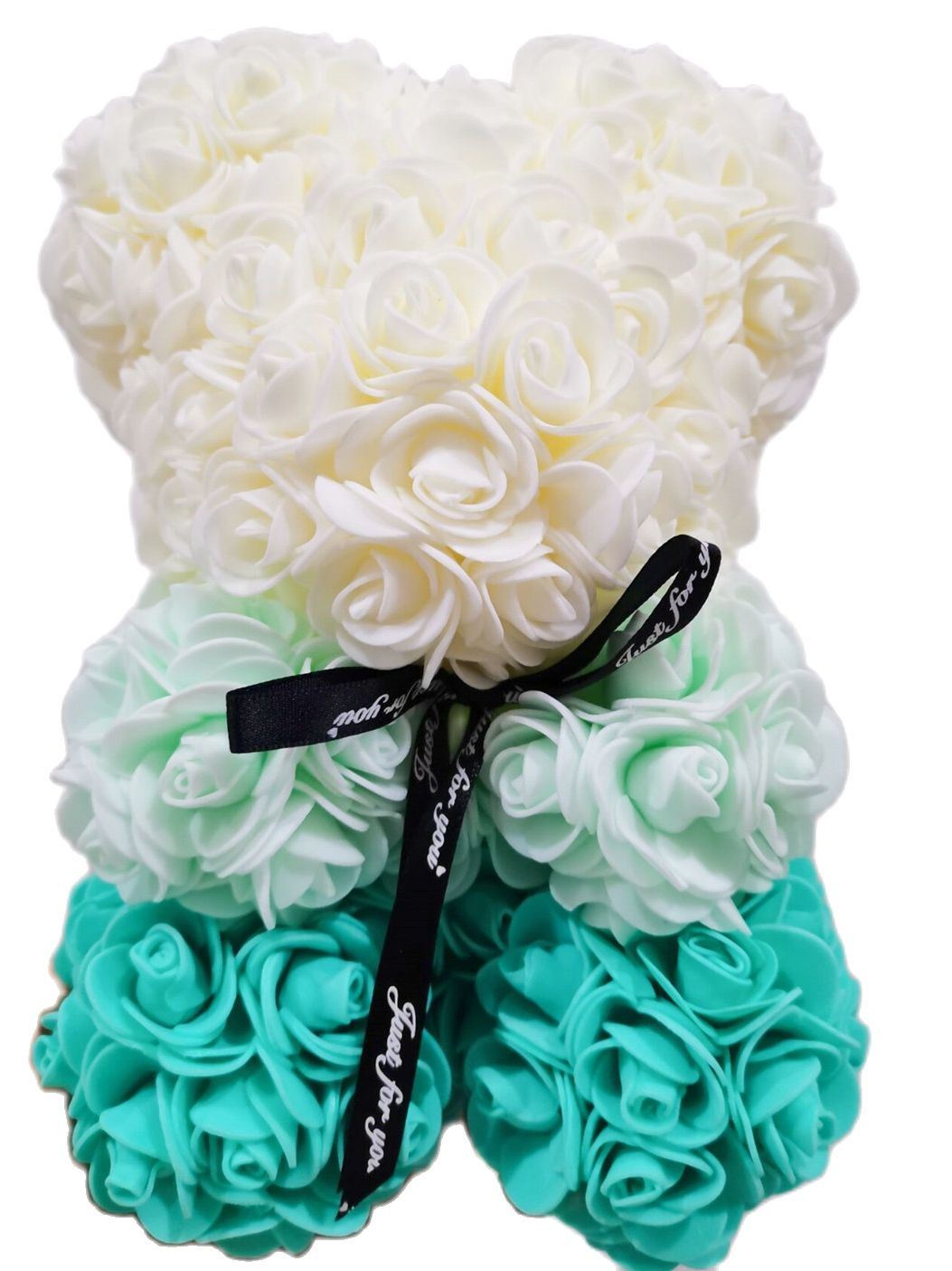 Cream and teal rose teddy bear with layered rose petals and a black ribbon bow