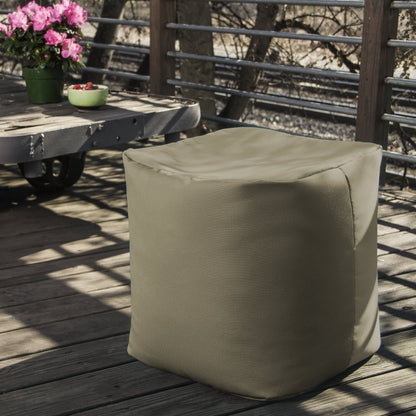 Taupe outdoor bean bag ottoman with square padded seat and stitched side panels