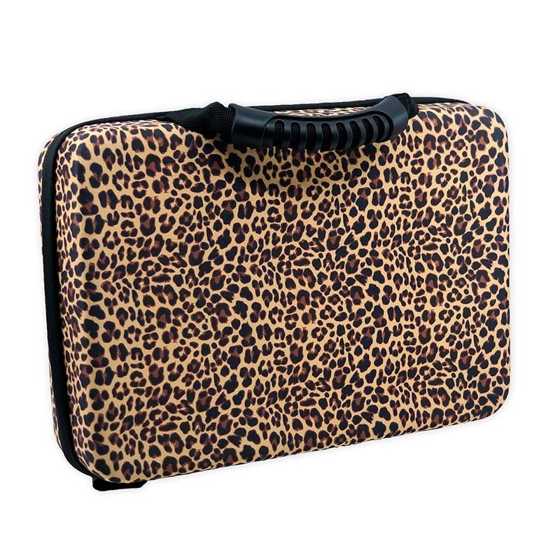 Leopard battery storage case with black carry handle, zipped exterior and molded shell