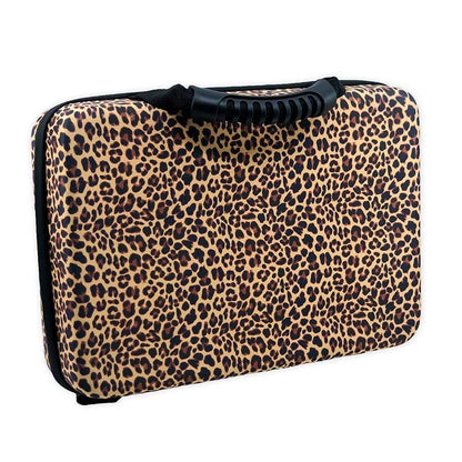 Leopard battery storage case with black carry handle, zipped exterior and molded shell