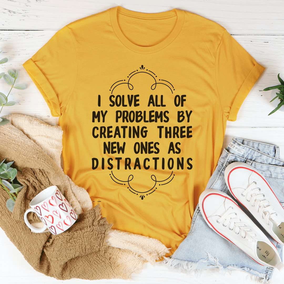 Mustard short-sleeve T-shirt with black quote graphic and decorative outline