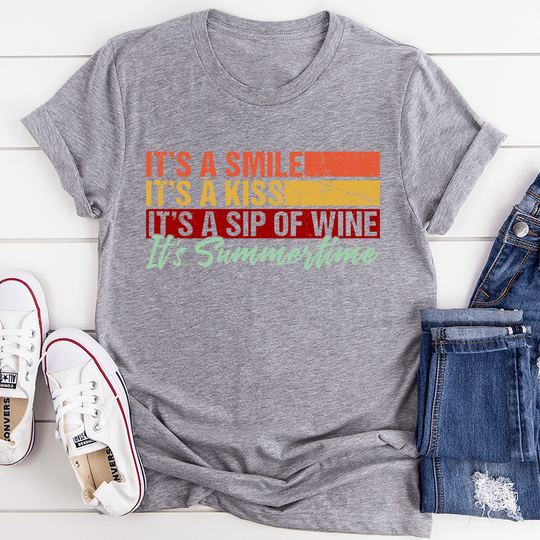 Athletic heather crewneck t-shirt with orange, red, yellow, and green summer quote