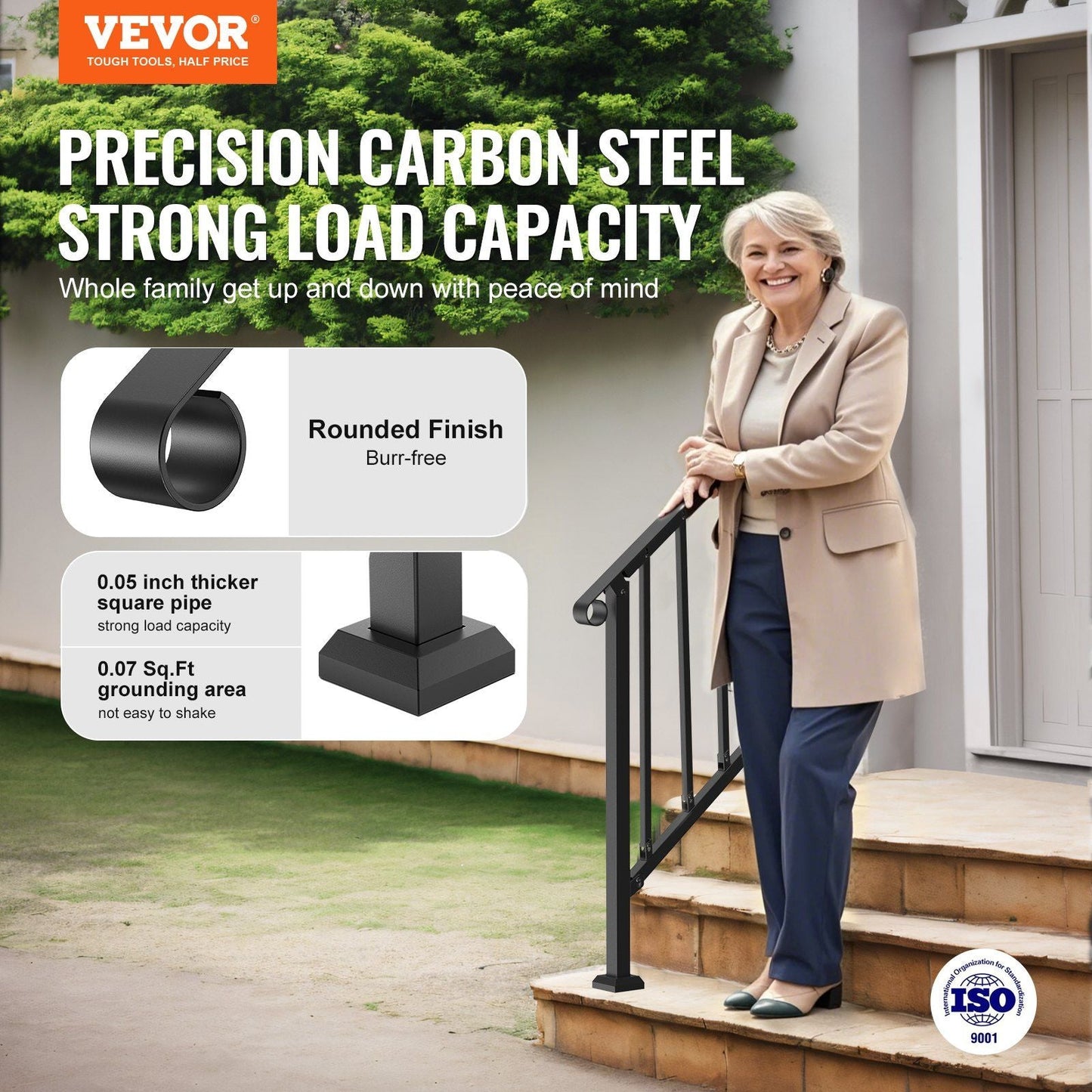 Handrails for Outdoor Steps, 2-3 Step Stair Hand Rail Kit, Transitional Carbon Steel Railings with Installation Kit, Stair Rails for Seniors, Concrete Steps & Porch & Deck, Black Retro Arch