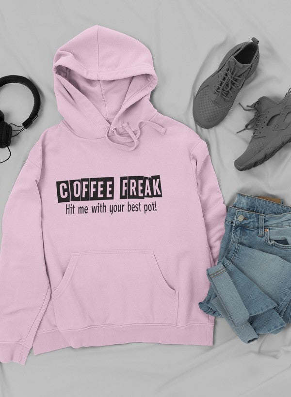 Mauve Coffee Freak hoodie with front print and kangaroo pocket