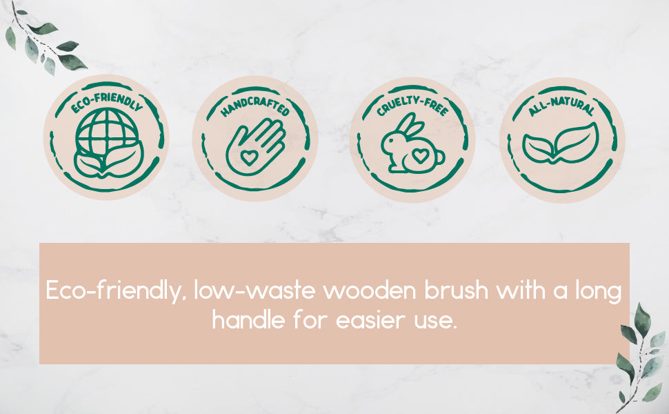 Massage brush feature badges: eco-friendly, all-natural, cruelty-free, handmade