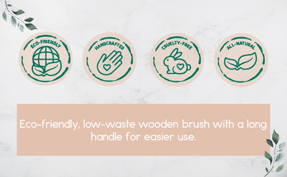 Massage brush feature badges: eco-friendly, all-natural, cruelty-free, handmade