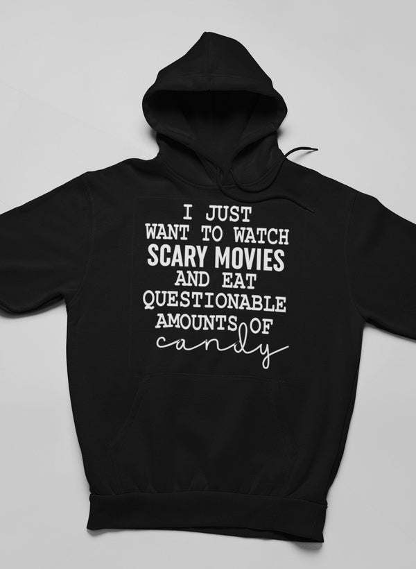 Black pullover hoodie with front quote graphic and kangaroo pocket