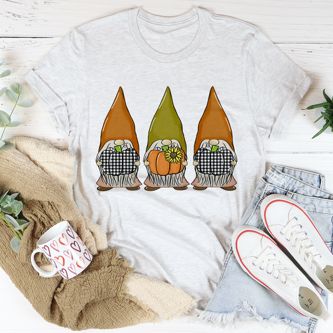 Light gray crewneck graphic T-shirt with three pumpkin gnome illustrations