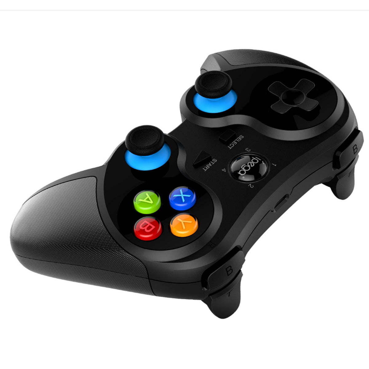 Black ipega game controller in angled view with glowing blue analog sticks and buttons