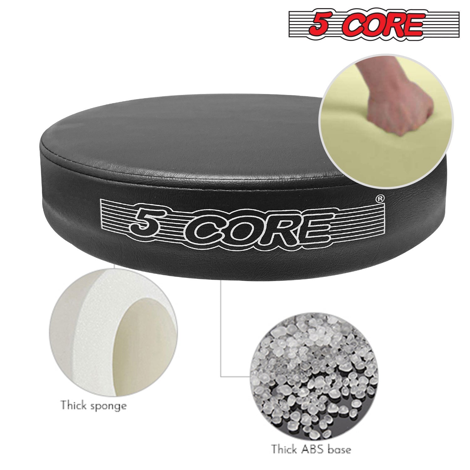 Black padded round drum throne seat with 5 CORE logo and padding/base detail insets