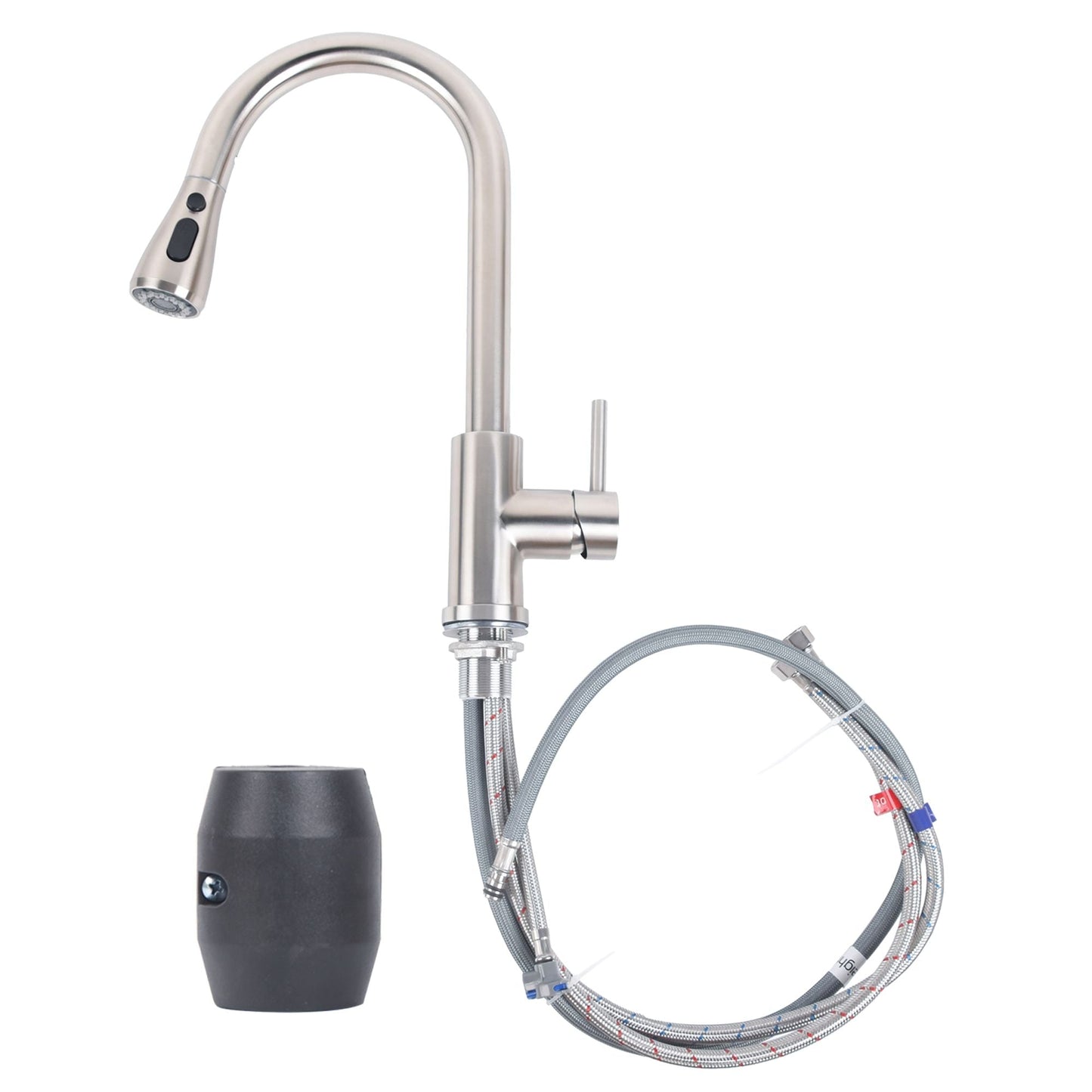 Brushed nickel pull-down kitchen faucet with single lever and flexible spray hose