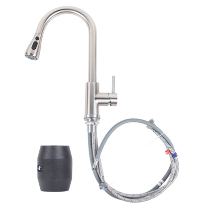 Brushed nickel pull-down kitchen faucet with single lever and flexible spray hose
